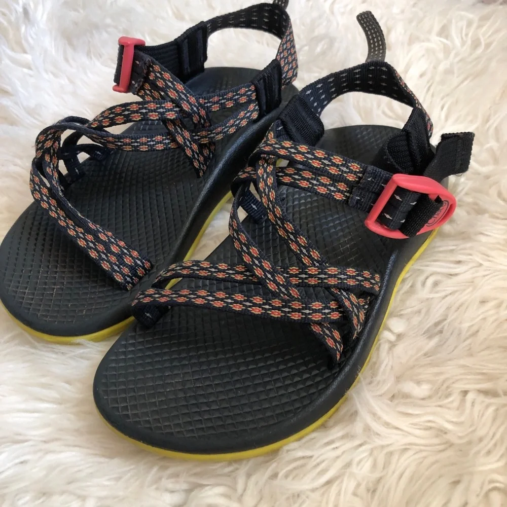 Chaco Kids Black Sandals with Coral Strap Pattern and Pink Buckles